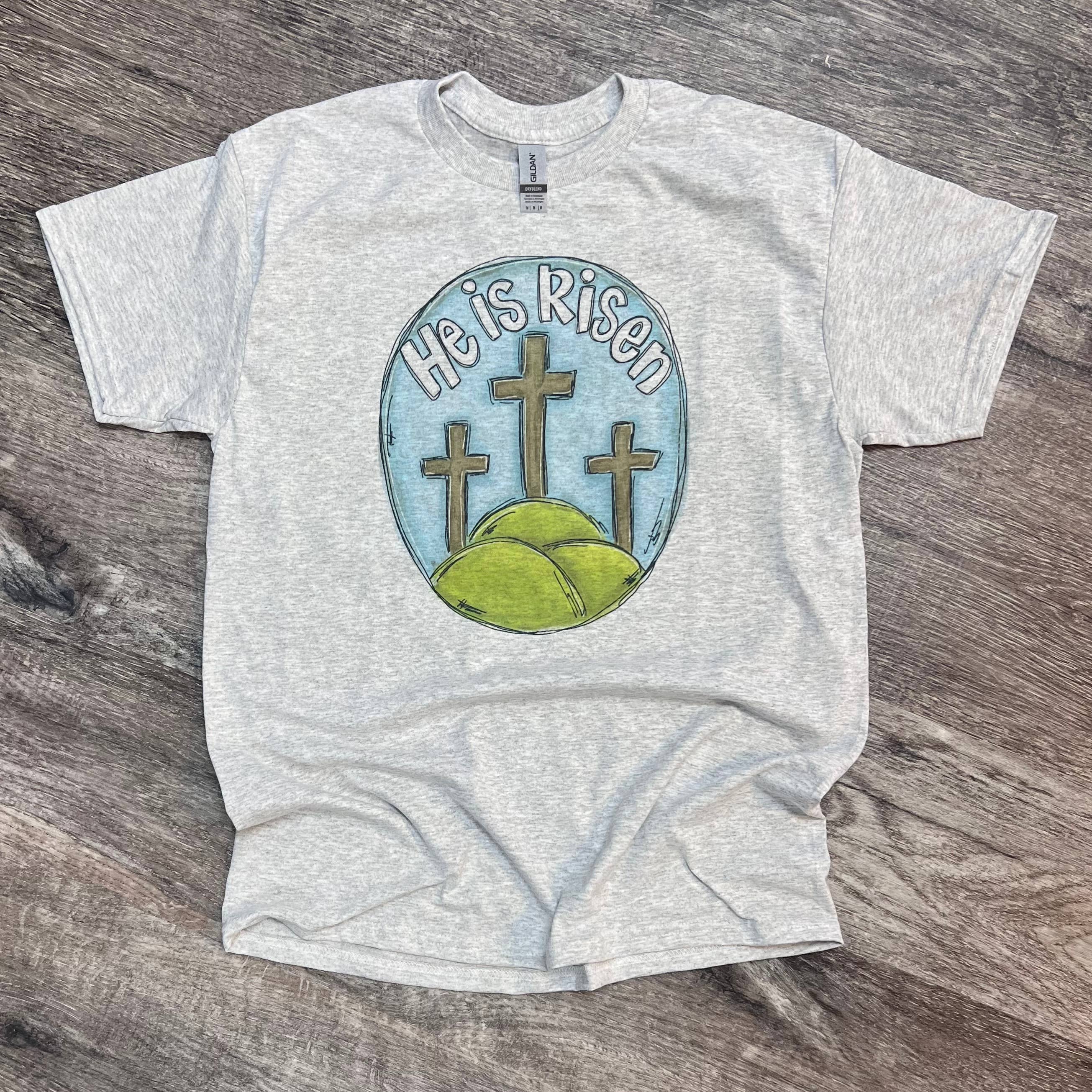 He Is Risen Three Crosses On Ash Gray Tee