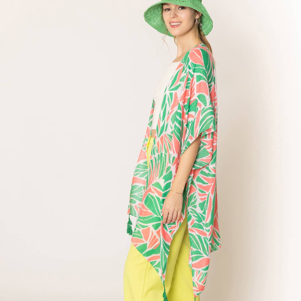 Floral Leaf Print Summer Kimono with Tassels
