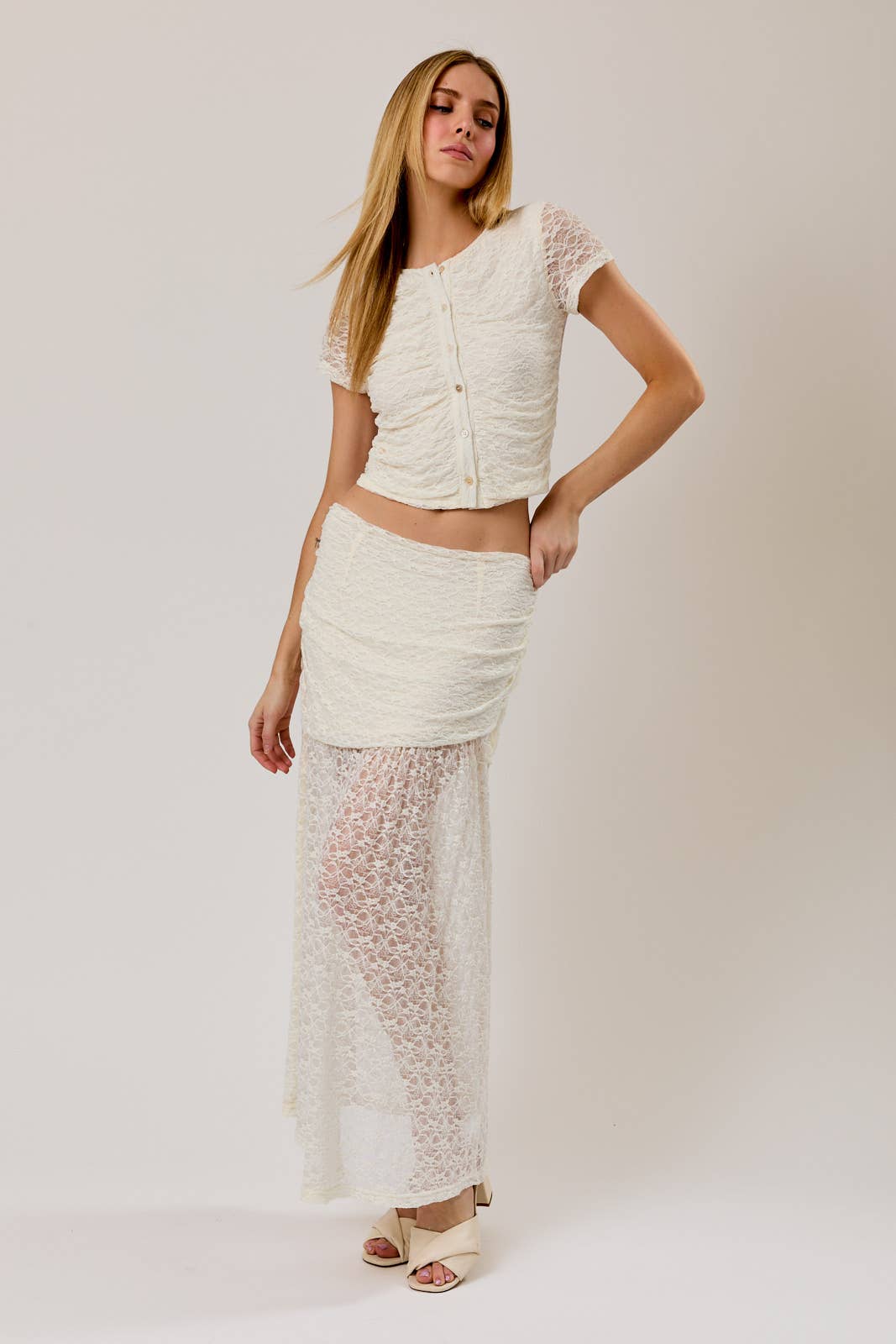 Ruched Asymmetrical Drop Waist Lace Midi Skirt