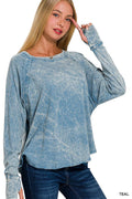 ..._ SI-25342 Crinkle Washed Long Sleeve Top with Thumb Hole Cuff