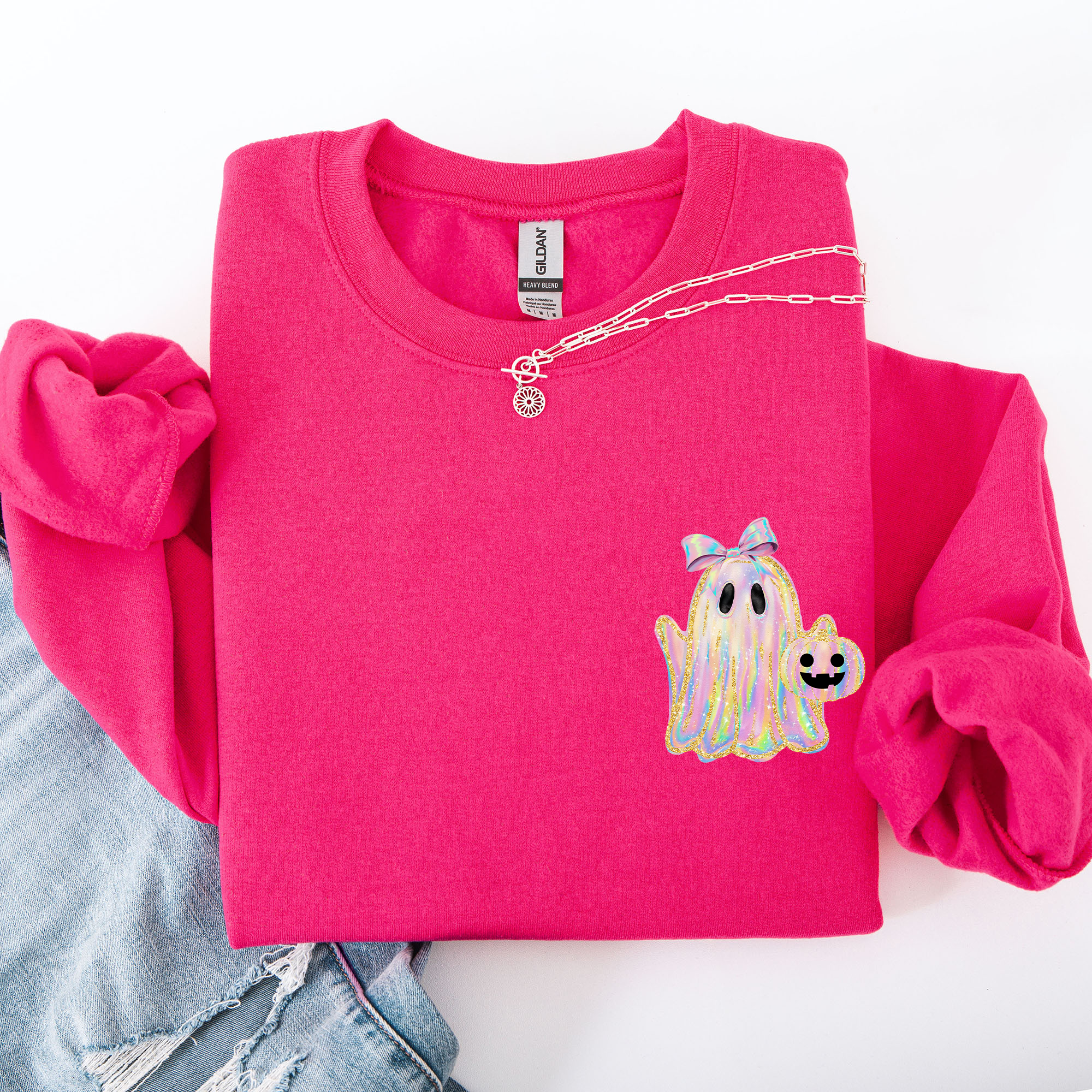 Cute Ghost, Coquette Faux Glitter, Halloween Sweatshirt