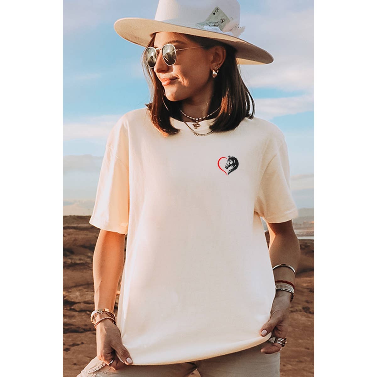 Horse Heart Embroidery Graphic Oversized Tee