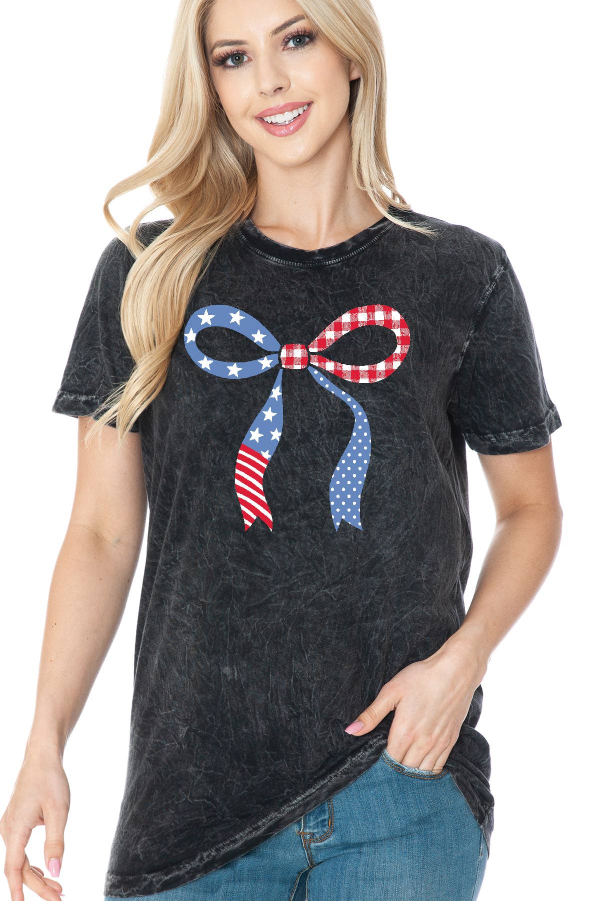 Women American Graphic Print Mineral Wash Ss Top