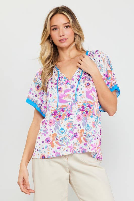 Floral Print Tie-Neck Blouse