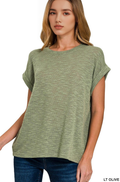 `.Slub Roll-Up Sleeve Lightweight Sweater Top