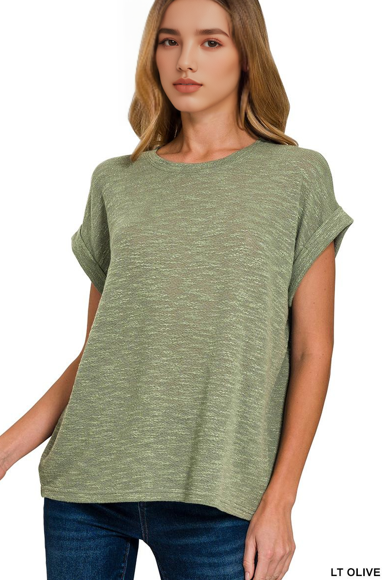 `.Slub Roll-Up Sleeve Lightweight Sweater Top