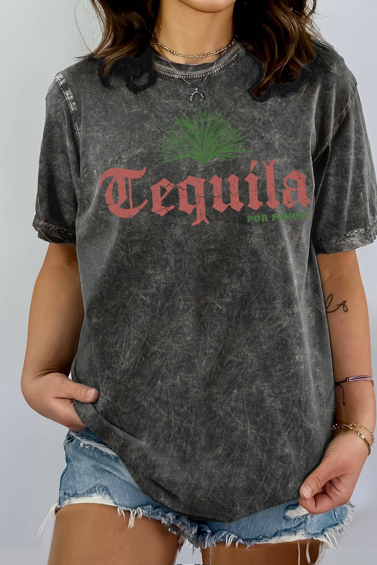 Women Tequila Graphic Print Mineral Wash Top