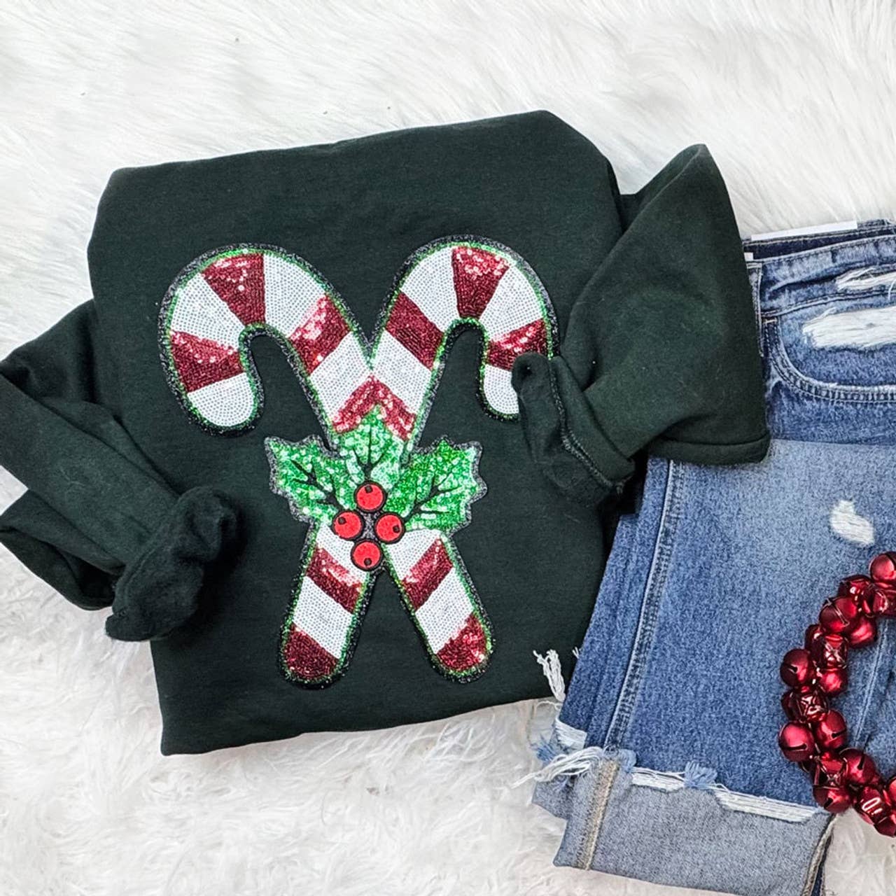Red & White Candy Cane with Holly Sequin Sweatshirt