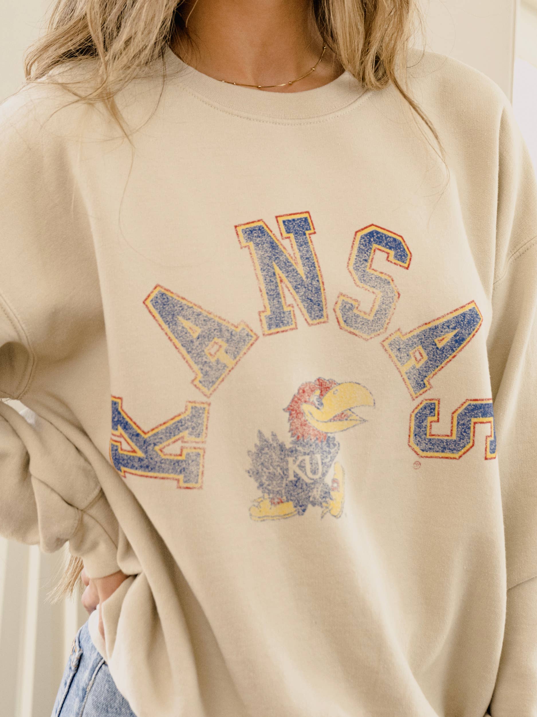 Ku Kansas Jayhawks Mega Arch Sand Thrifted Sweatshirt