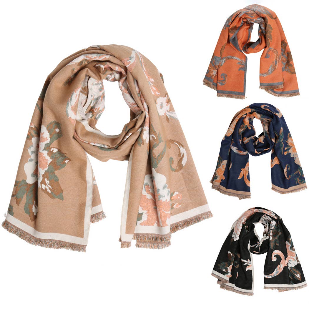 Bold Floral Wrap Oblong Shawl Scarf W Fringe