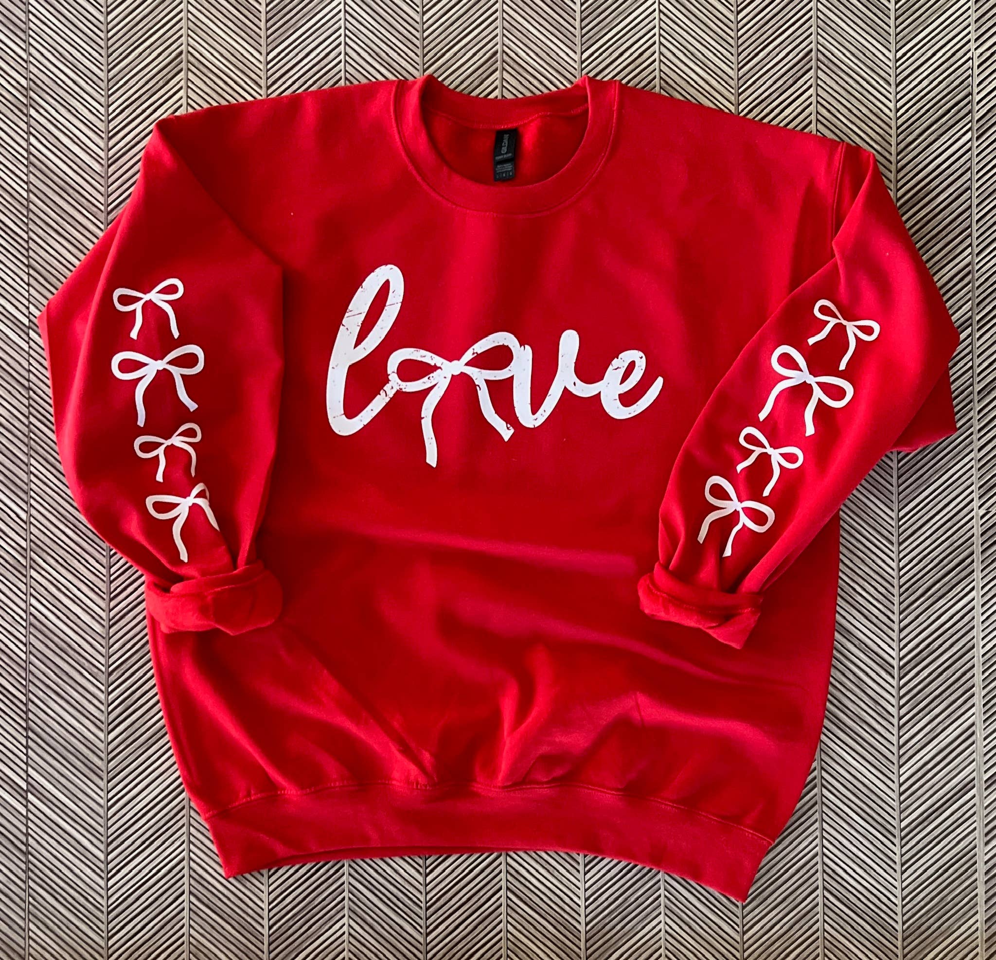 Love Bow Sleeve On Gildan Red Sweatshirt