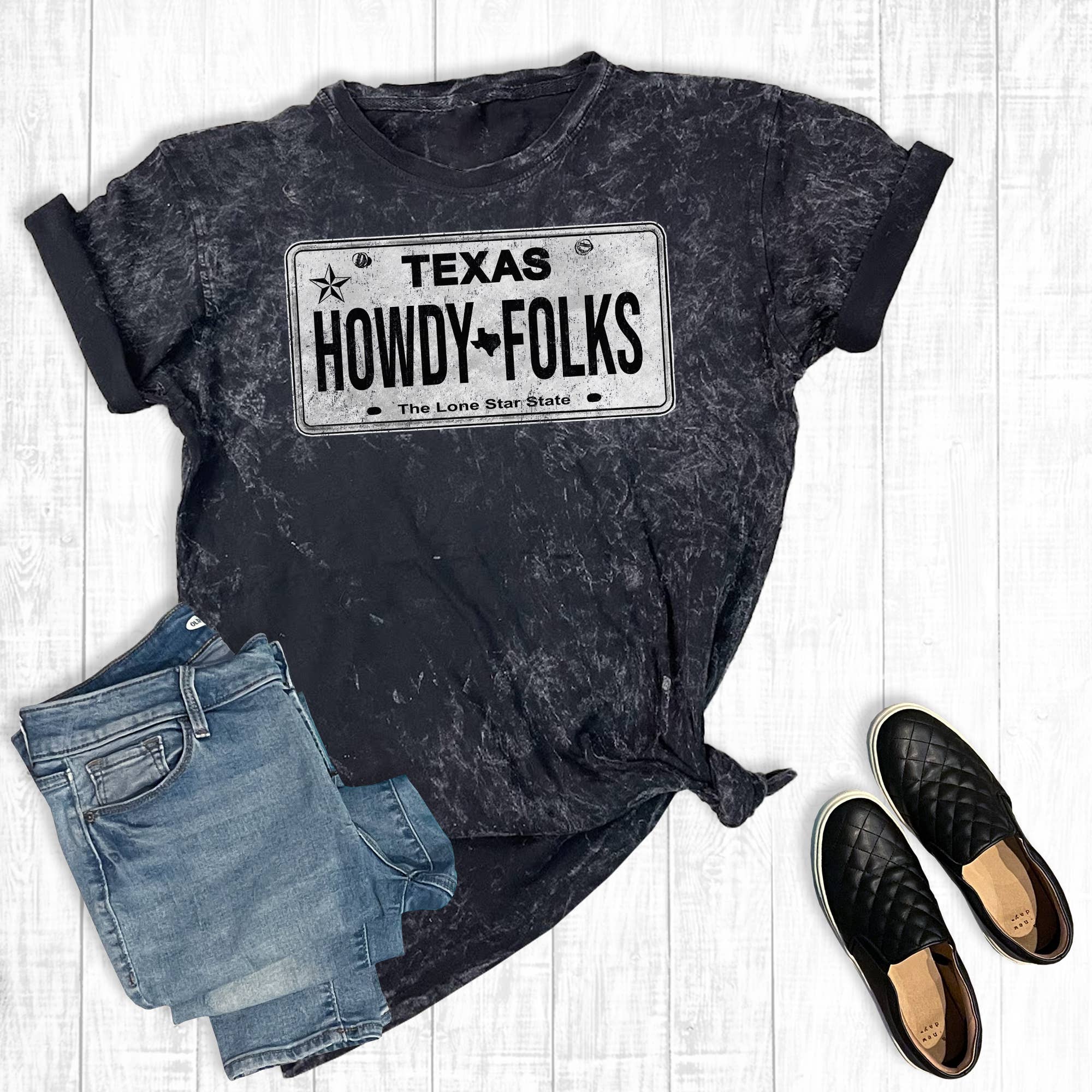 Howdy Folks Texas License Plate Mineral Wash Graphic Tee