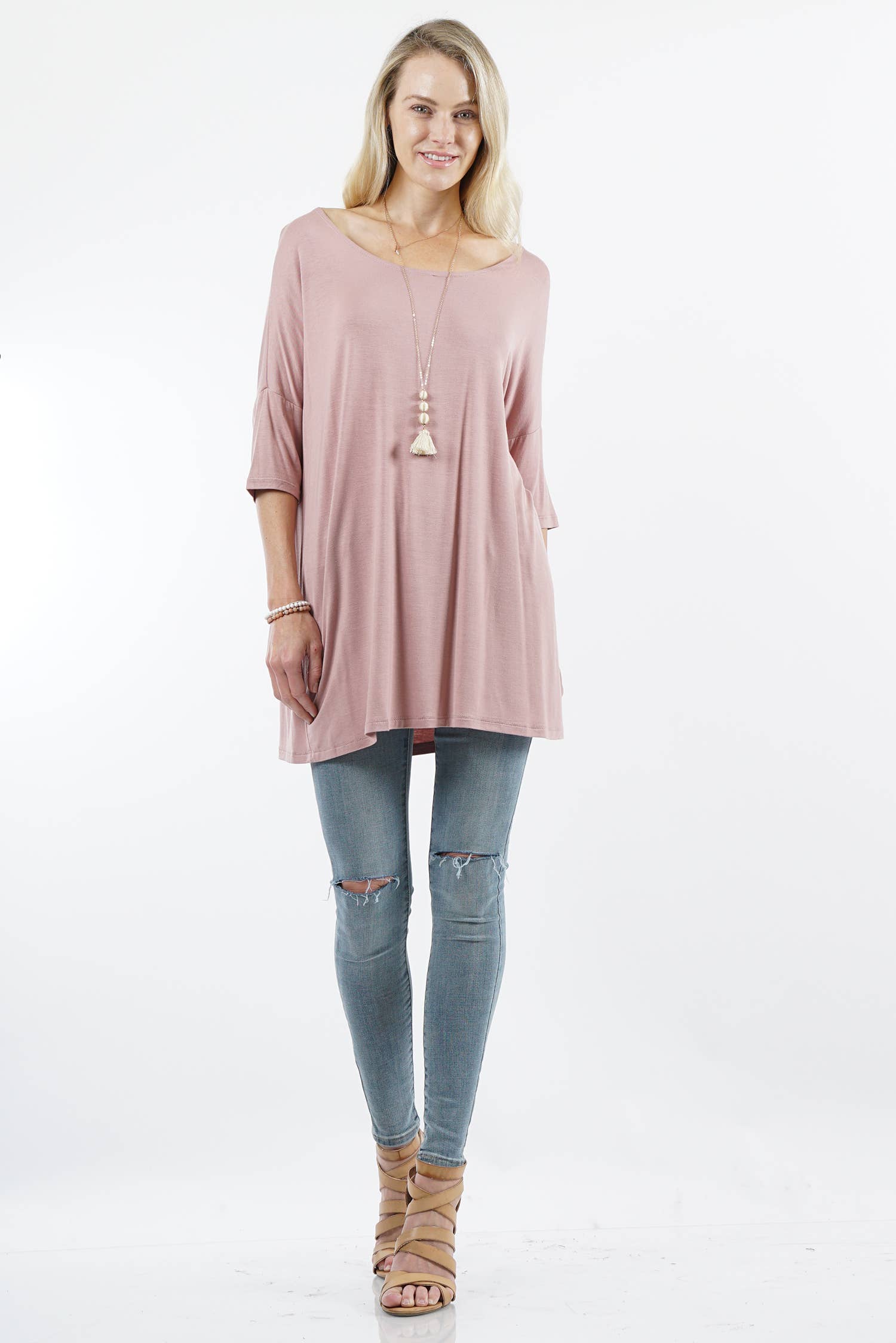 ..SC45027 Pnk-Mauve Elbow Sleeve Round Neck Tunic