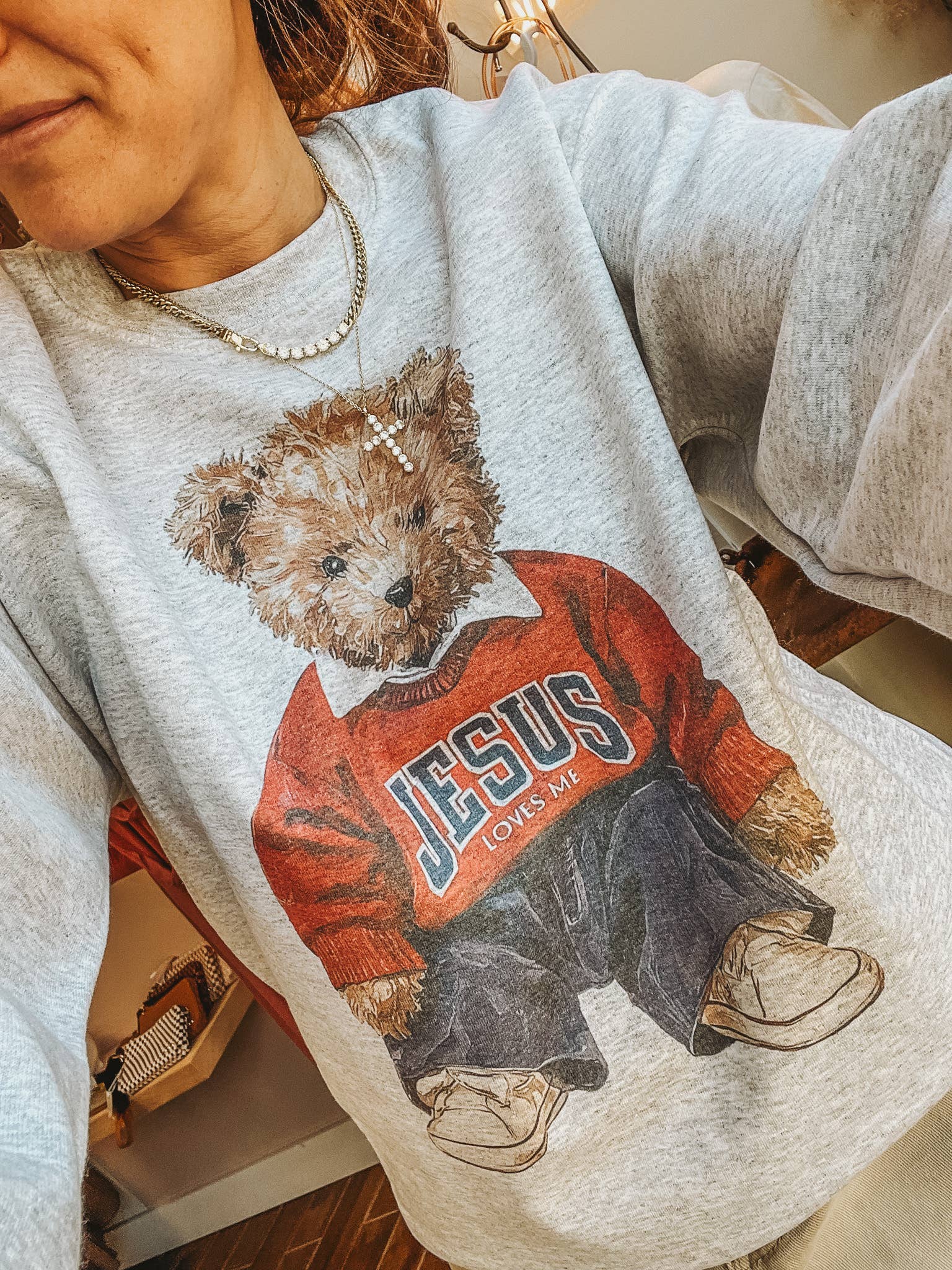 Jesus Loves Me Teddy Bear Religious Crew Neck Sweatshirt