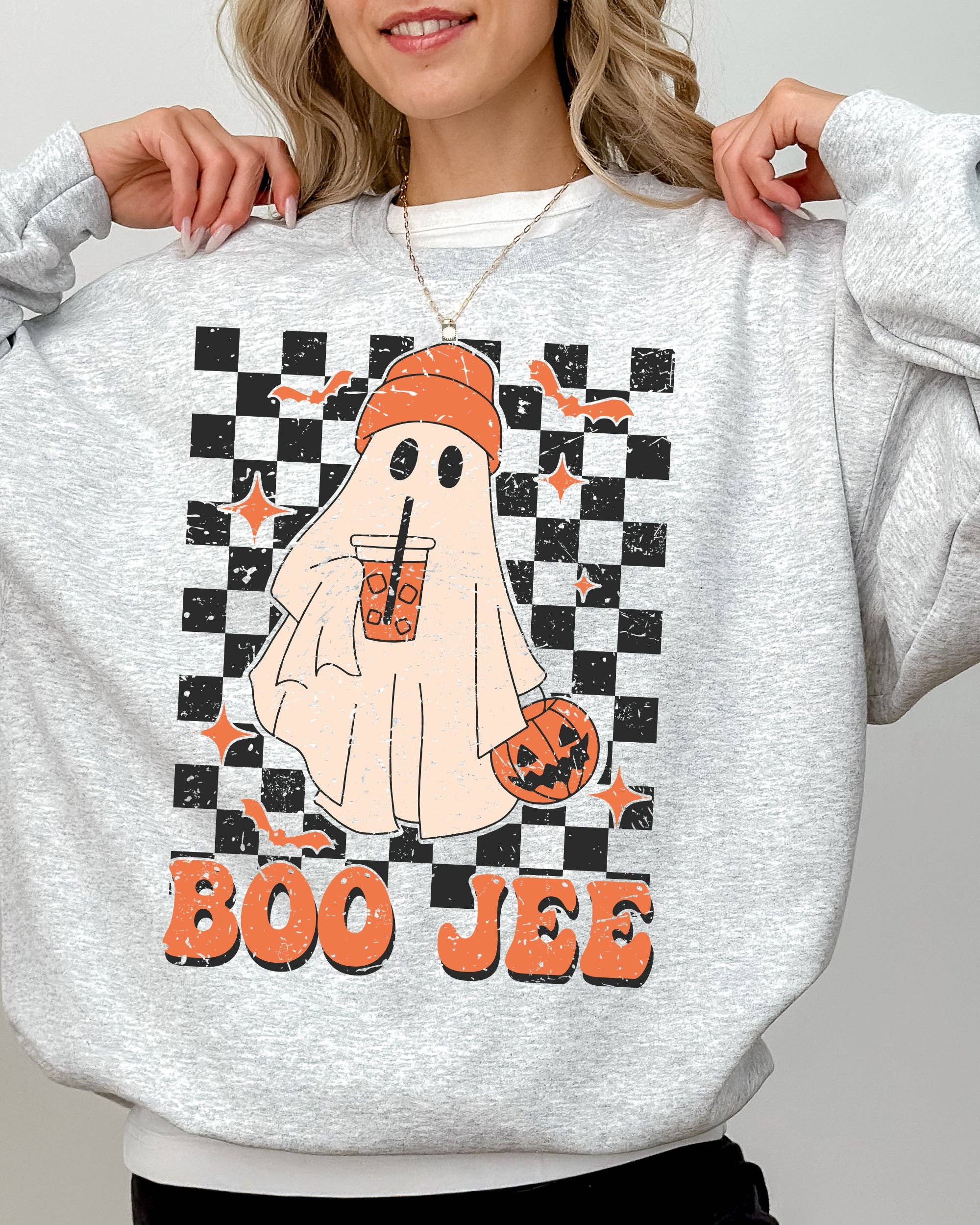 Boo-Jee Ghost, Checkered Halloween Coffee Drink Sweatshirt