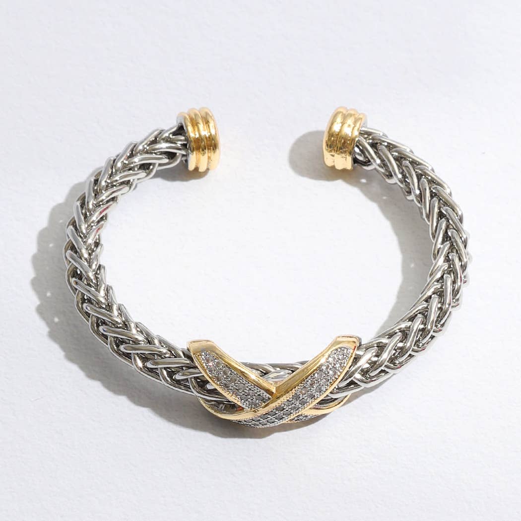 Two Tone Cross Braided Pave Cz Cuff Bracelet