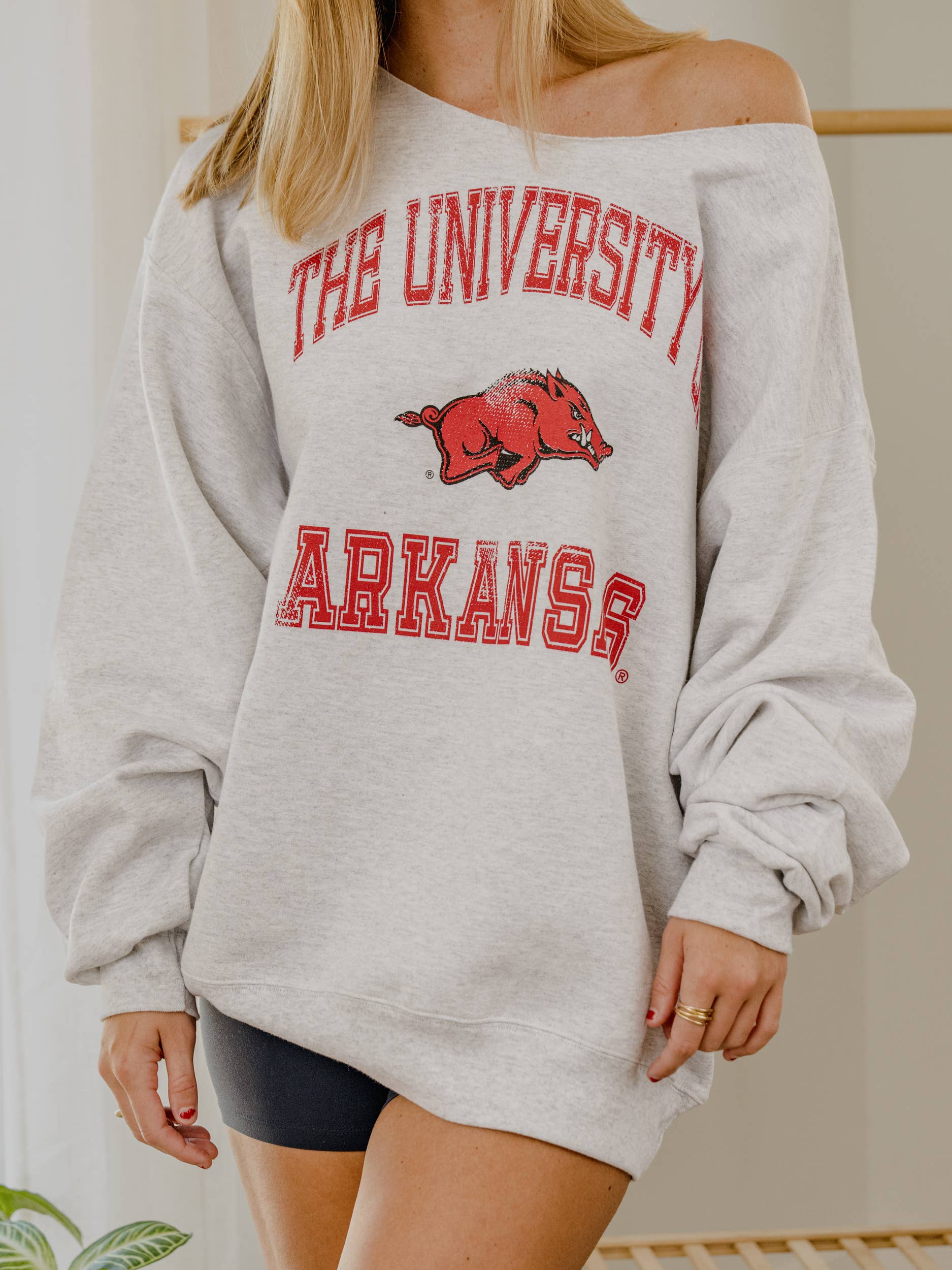 Ark Razorbacks Vintage Sport Ash Gray Flashdance Sweatshirt