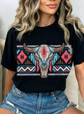 Aztec Pattern Western Cow Skull Graphic Tshirts