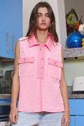 T2301 Sleeveless Collar Neck Raw Edge Terry Top
