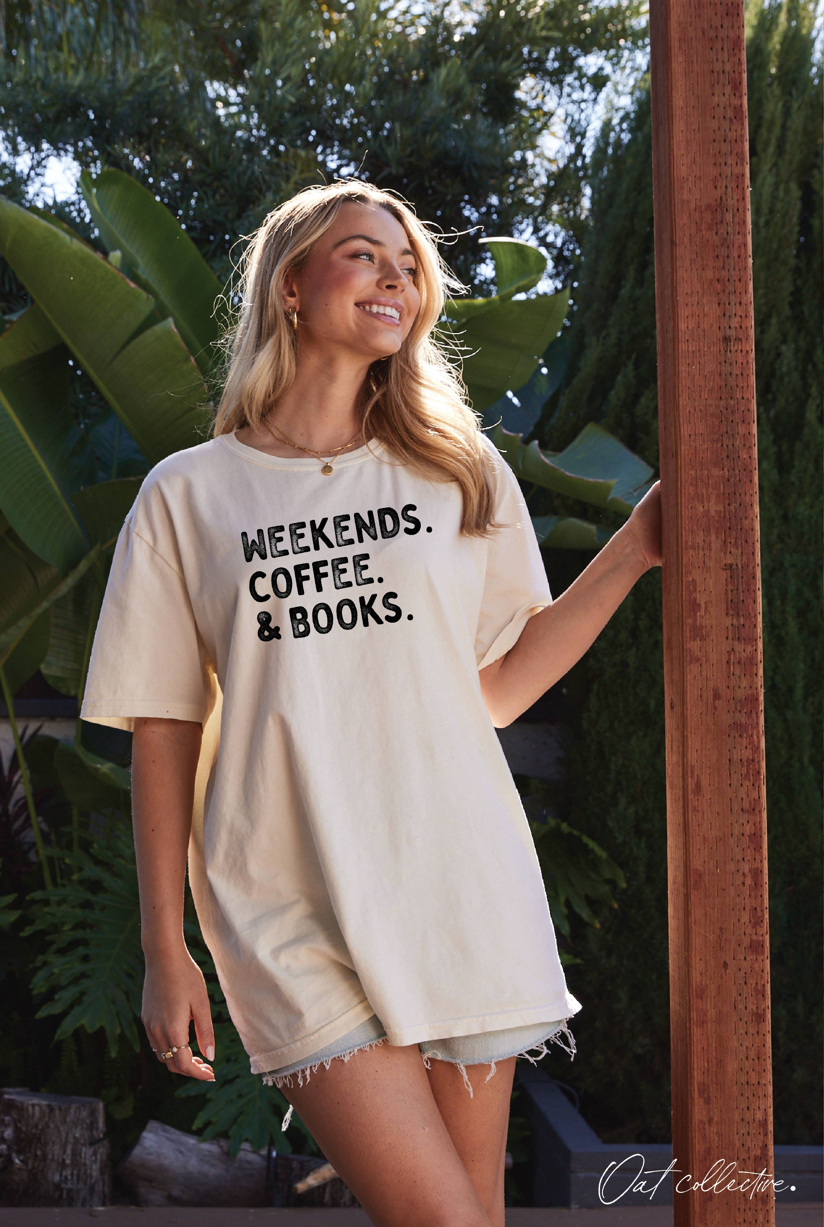Weekends Coffee and Books Oversized Graphic Top