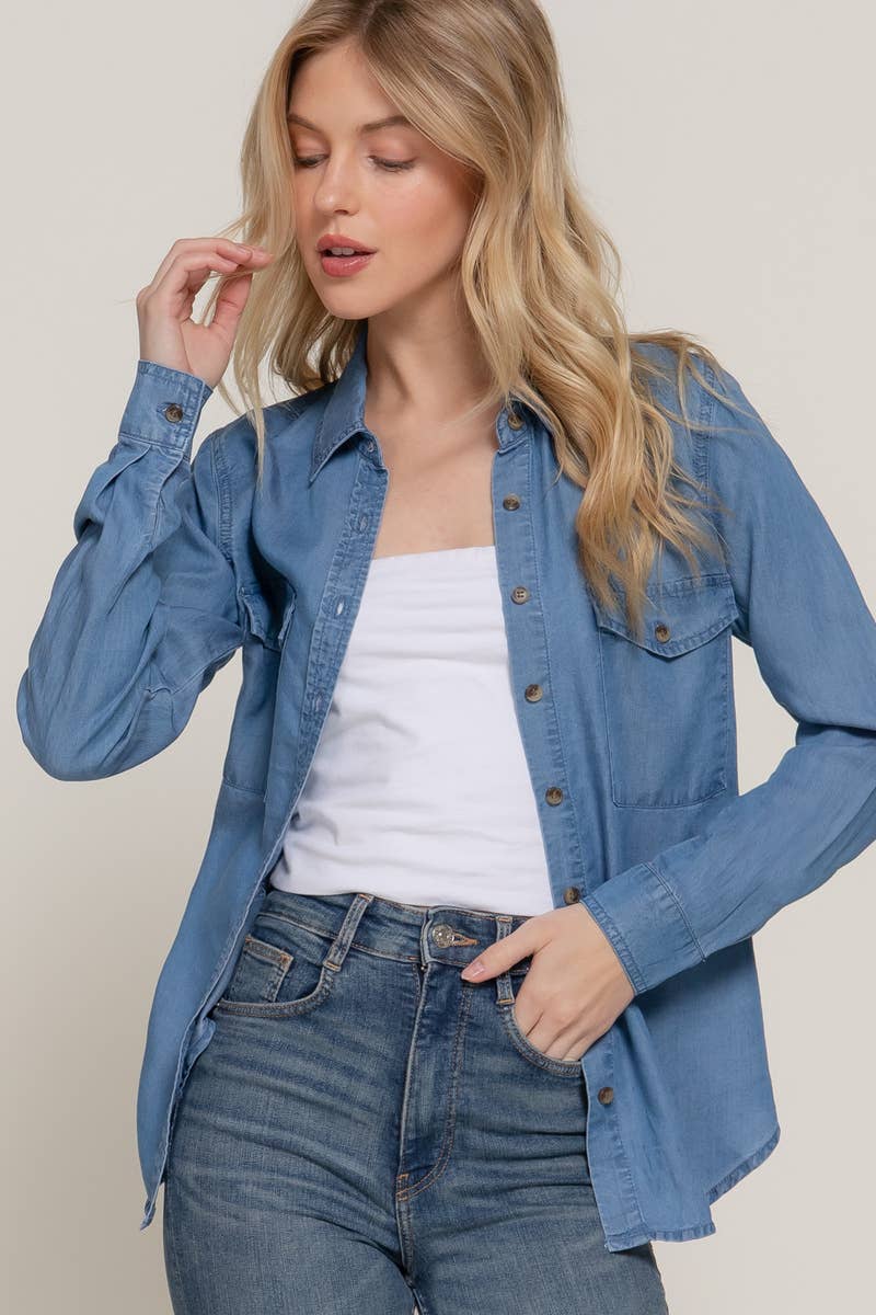 ._ SI-25712 Long Slv W/Pocket Pocket Color Tencel Shirt