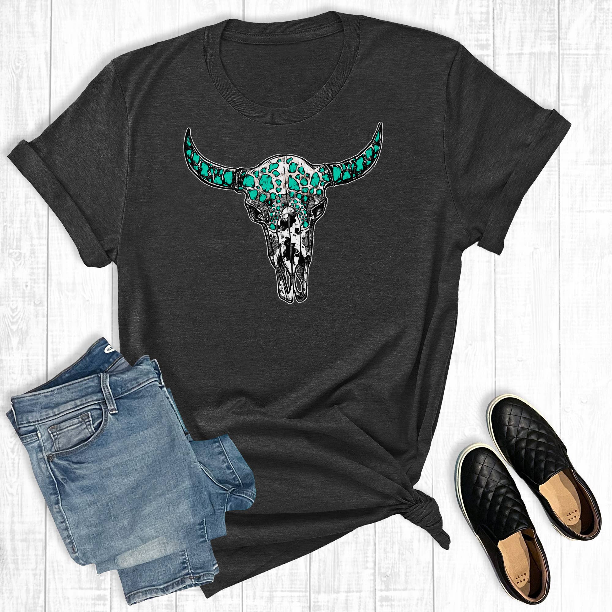 Western Turquoise Cowprint Skull Graphic Tee