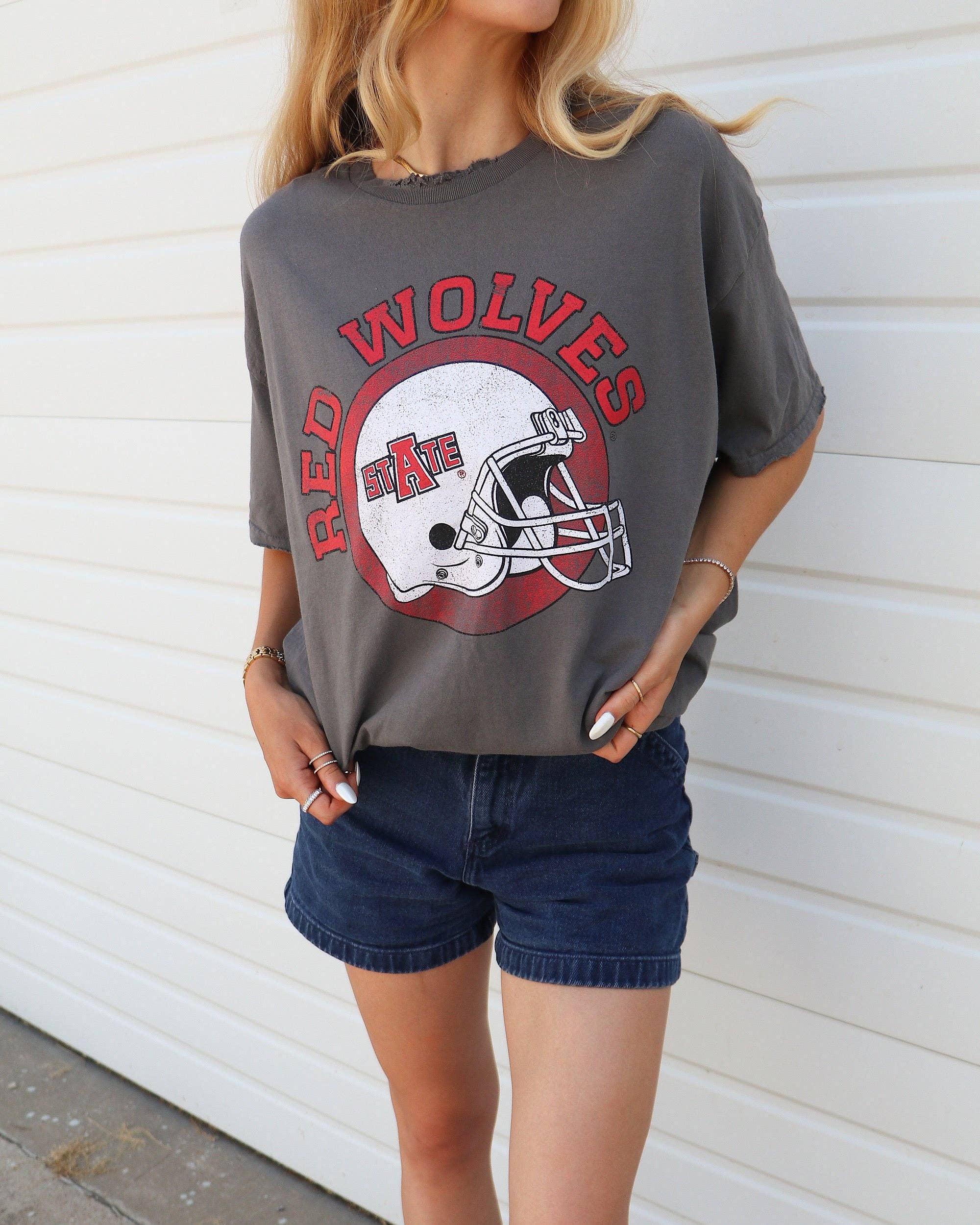 Arkansas State Red Wolves Helmet Circle Black Thrifted Tee
