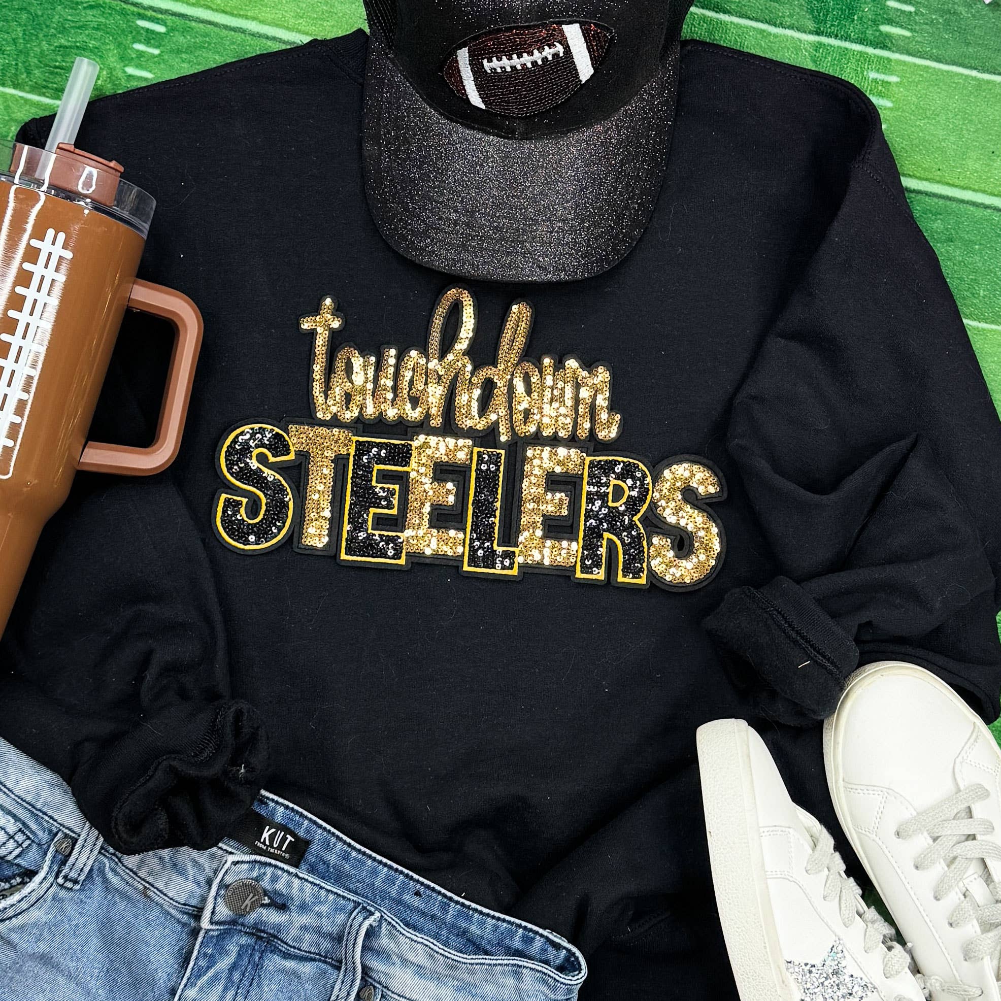 Touchdown Steelers Sequin Patch Black Crewneck Sweatshirt