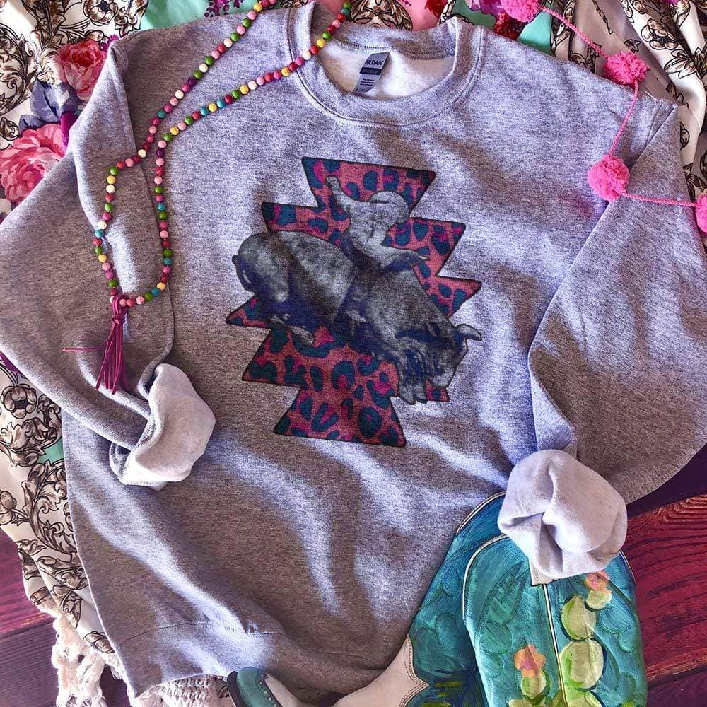Hud the Bull Rider with Pink Leopard Print  - Gray Sweatshirt