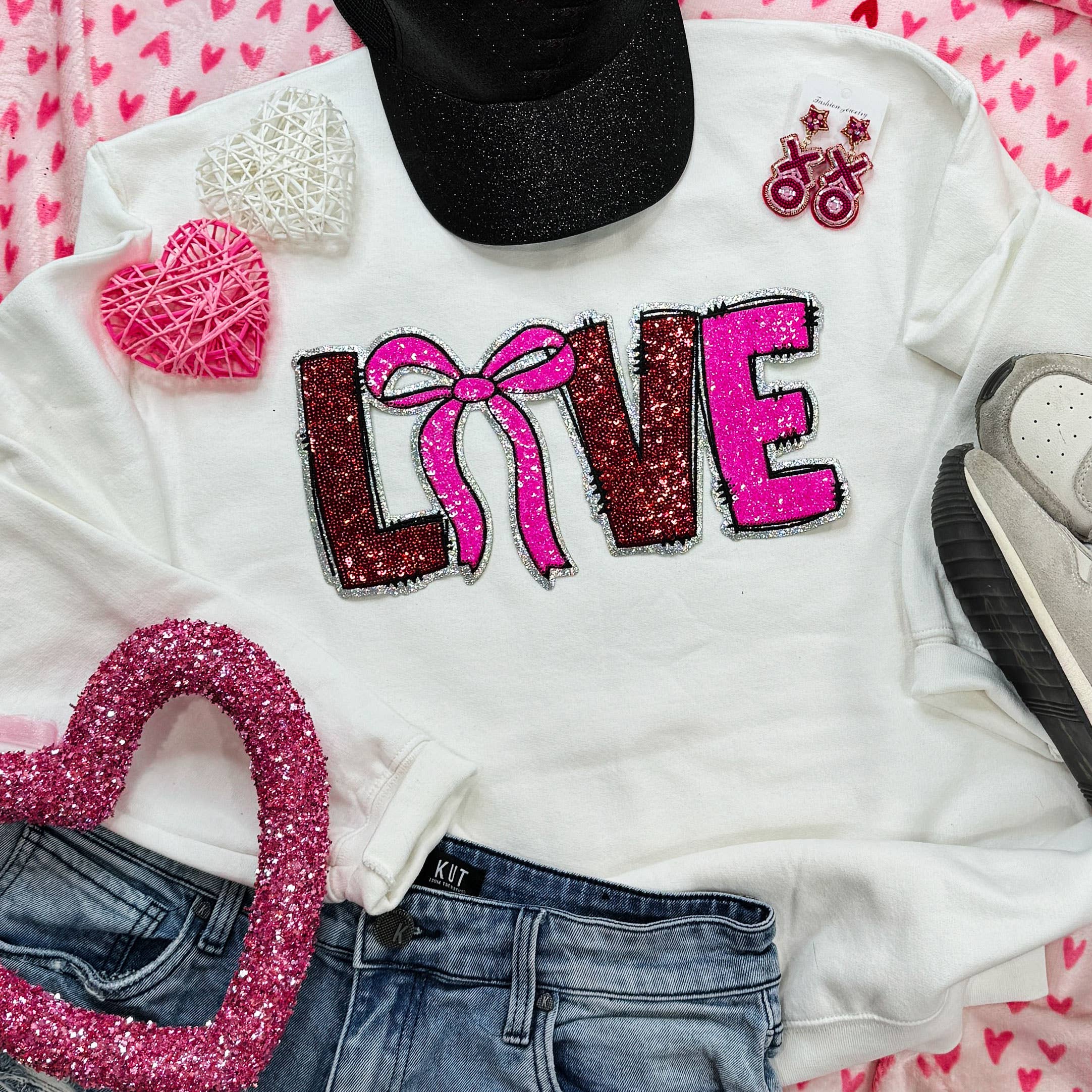 Sequin Love with Bow Patch White Sweatshirt