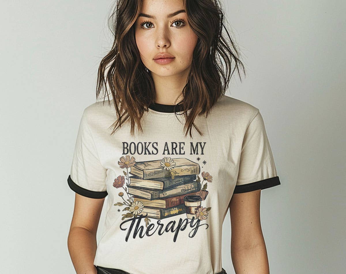 Books Are My Therapy - Cute Book Canvas Ringer Shirt