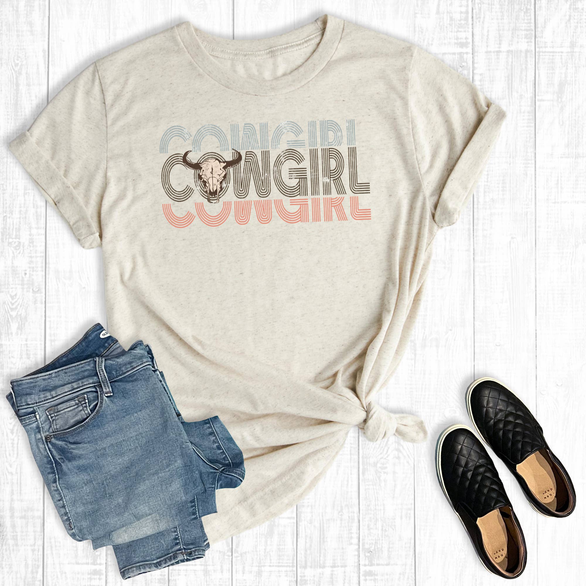 Western Retro Cowskull Cowgirl Graphic Tee