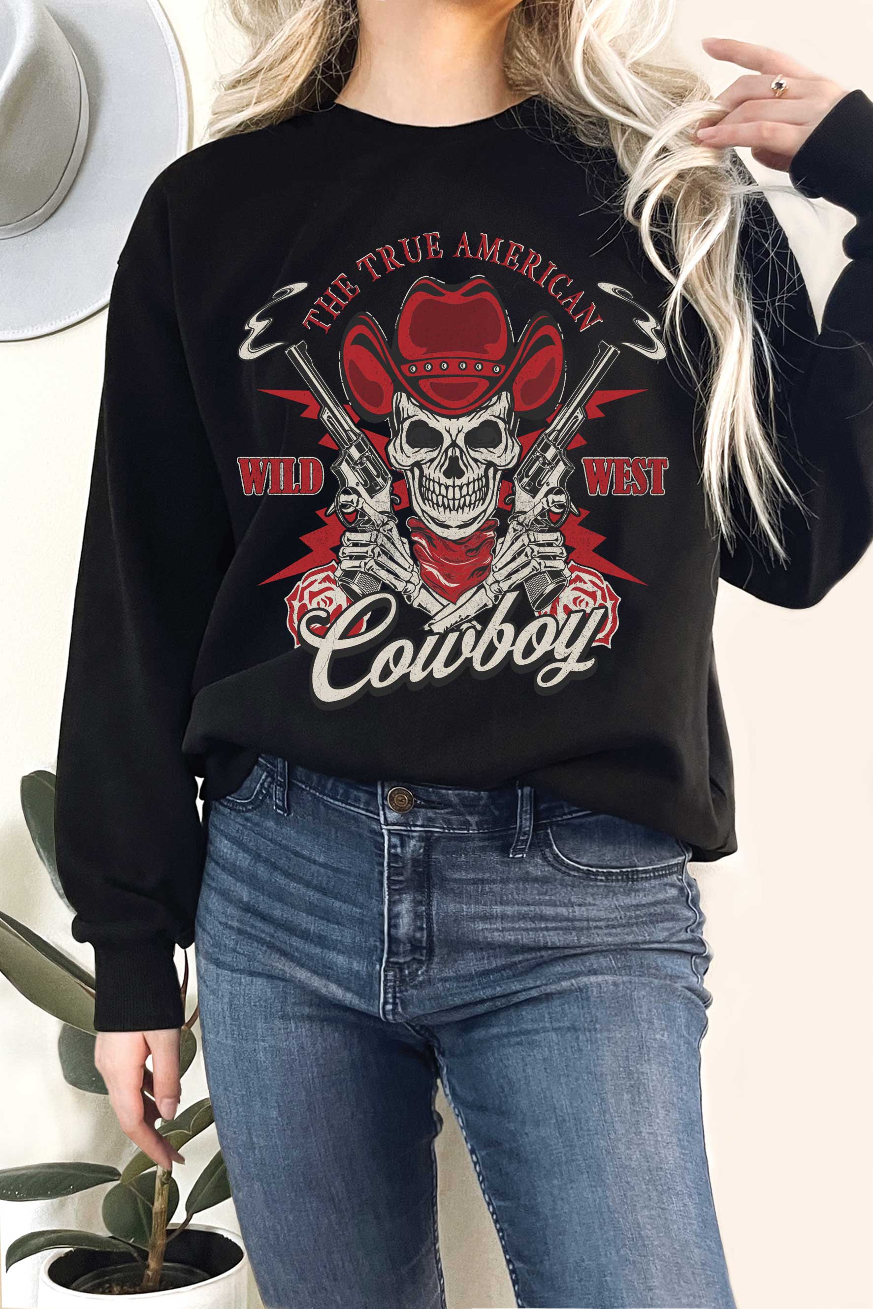 Wild West Skull Cowboy Graphic Terry Sweatshirts