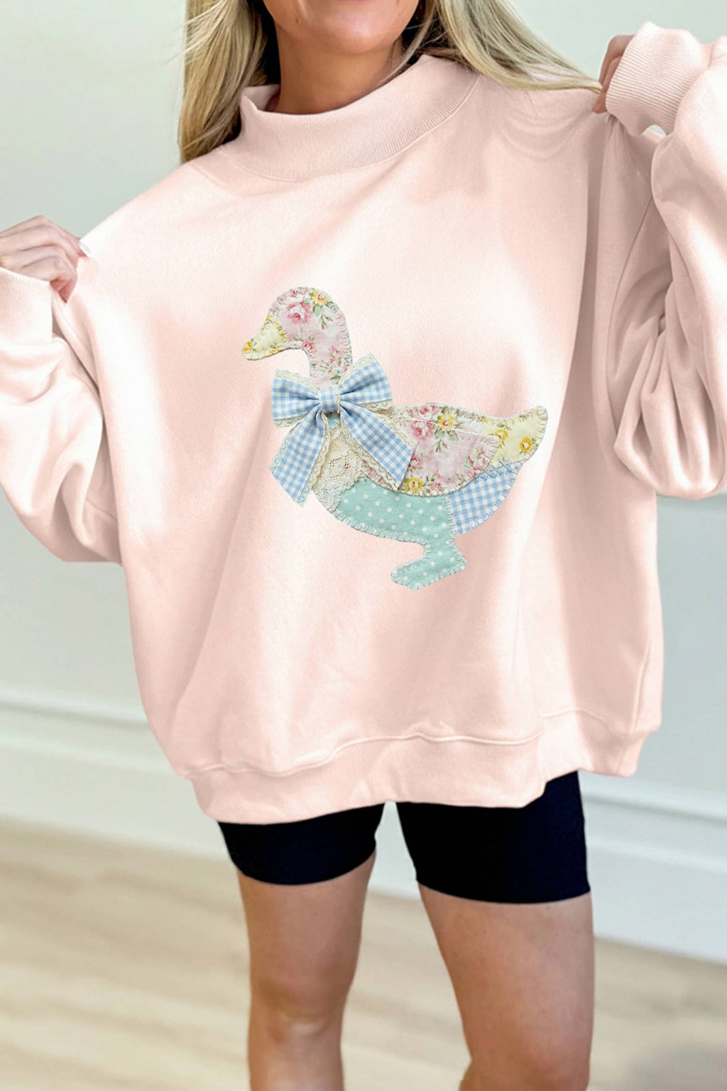 Bow Knot Duck Faux Printed Mock Neck Sweatshirt