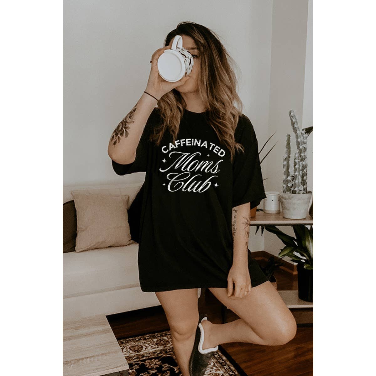 Caffenated Moms Club Vintage Graphic Oversized Tee