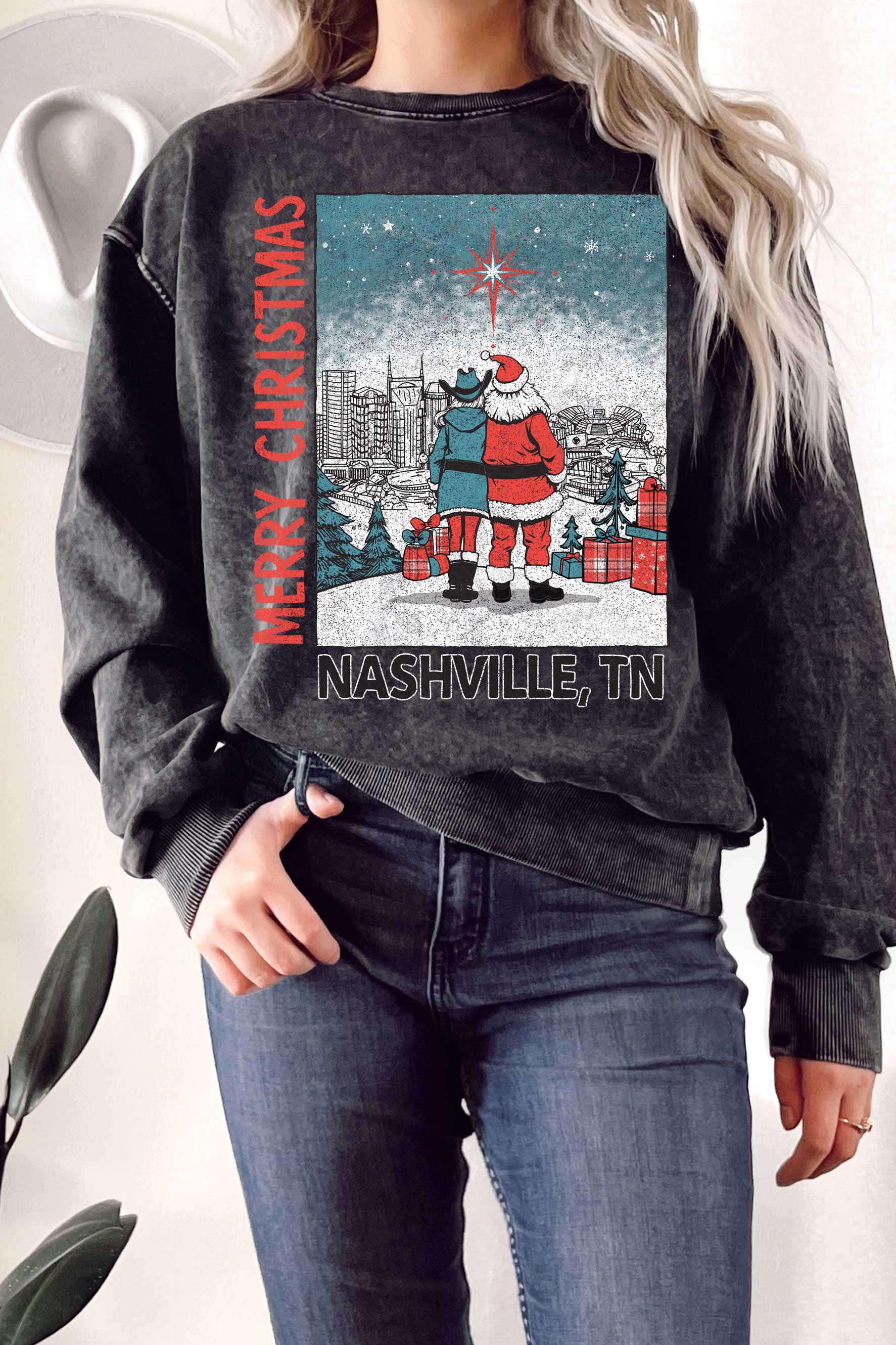 Nashville Christmas Santa Mineral Graphic Sweatshirts