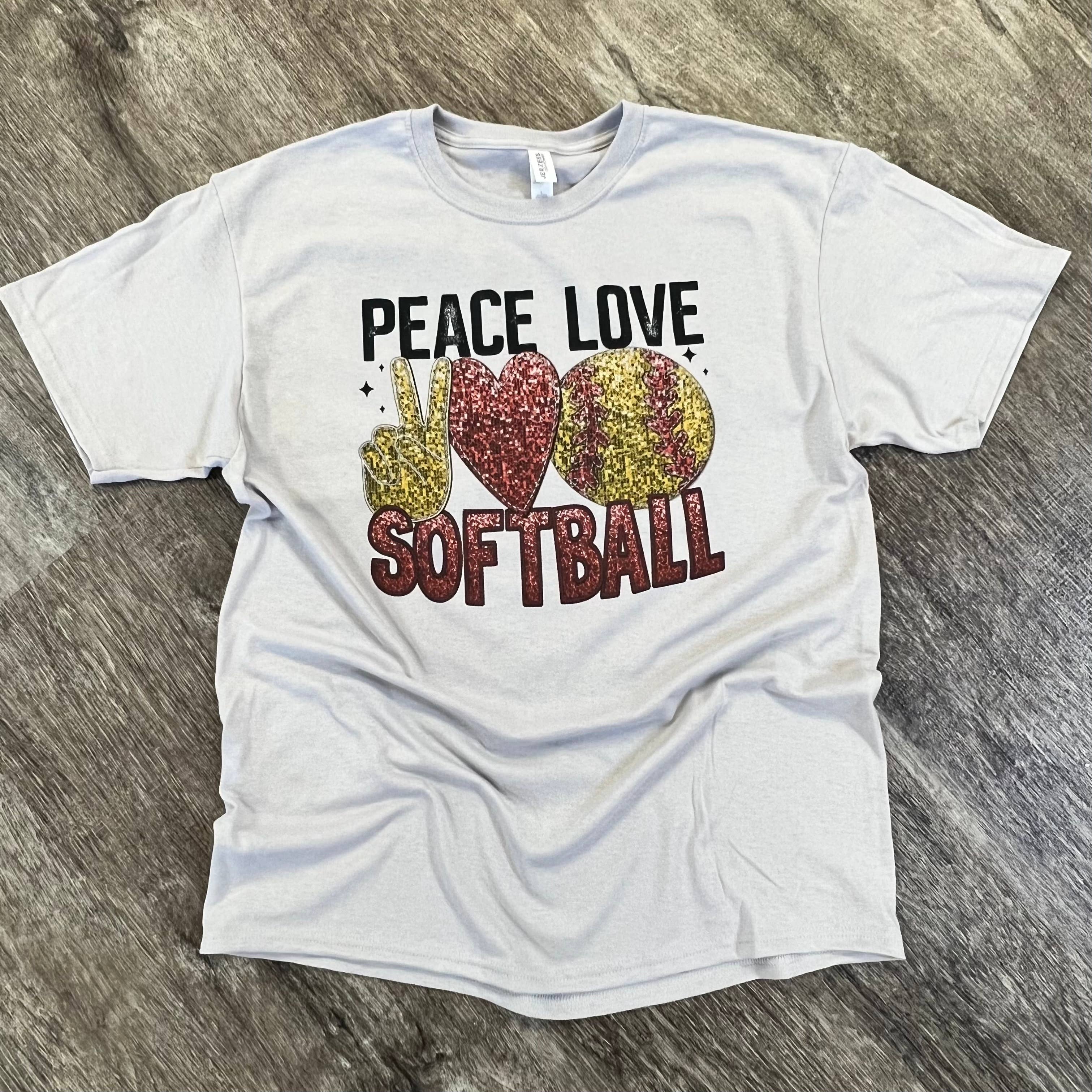 Peace Love Softball On Silver Tee