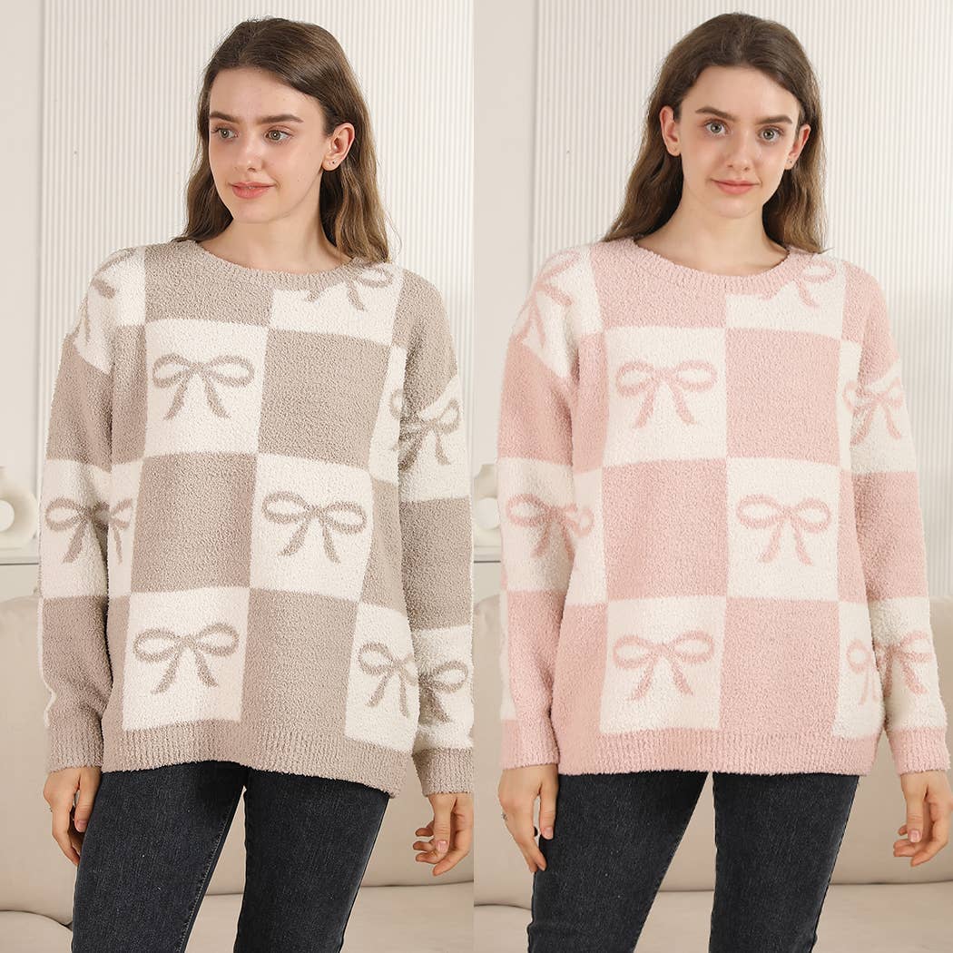 Ribbon Checkered Cozy Crew Neck Sweater