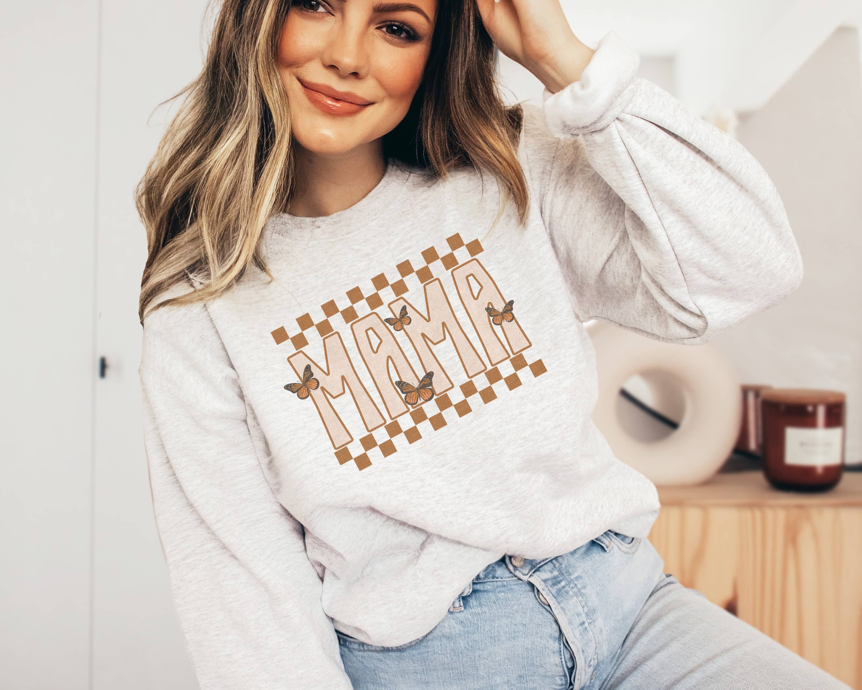Mama Checker Butterflies Crew Neck Sweatshirt