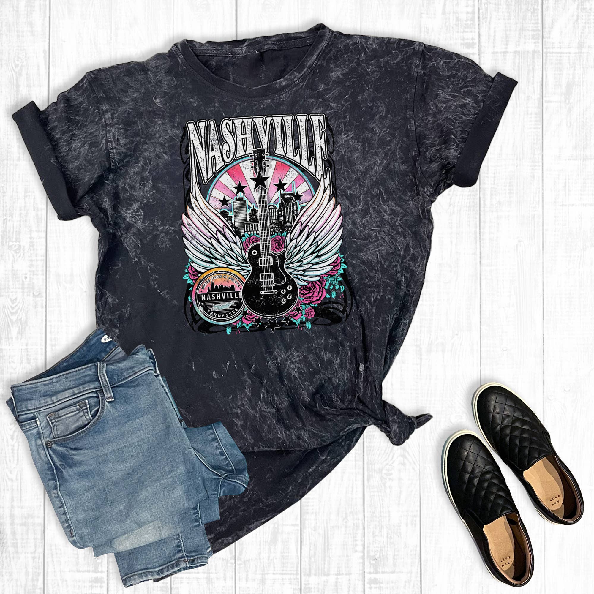 Western Nashville Music City Guitar Mineral Wash Graphic Tee