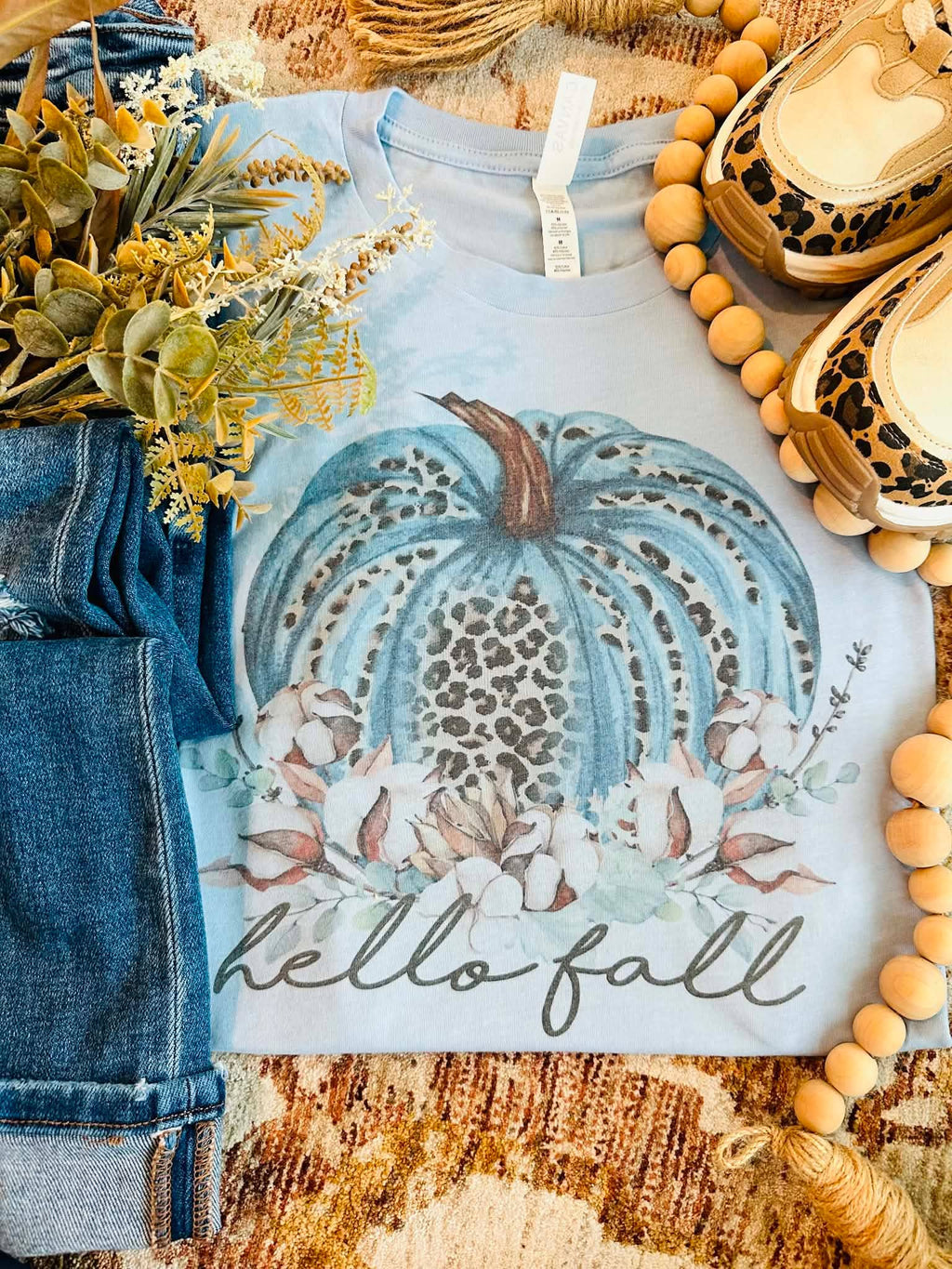 Leopard Hello Fall Pumpkin Blue Seasonal Graphic Tee