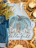 Leopard Hello Fall Pumpkin Blue Seasonal Graphic Tee