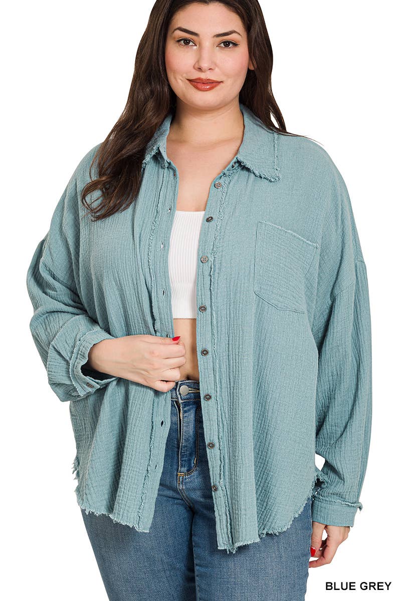 ,,..0702 Plus Oversized Raw Edge Shirt SI-23811