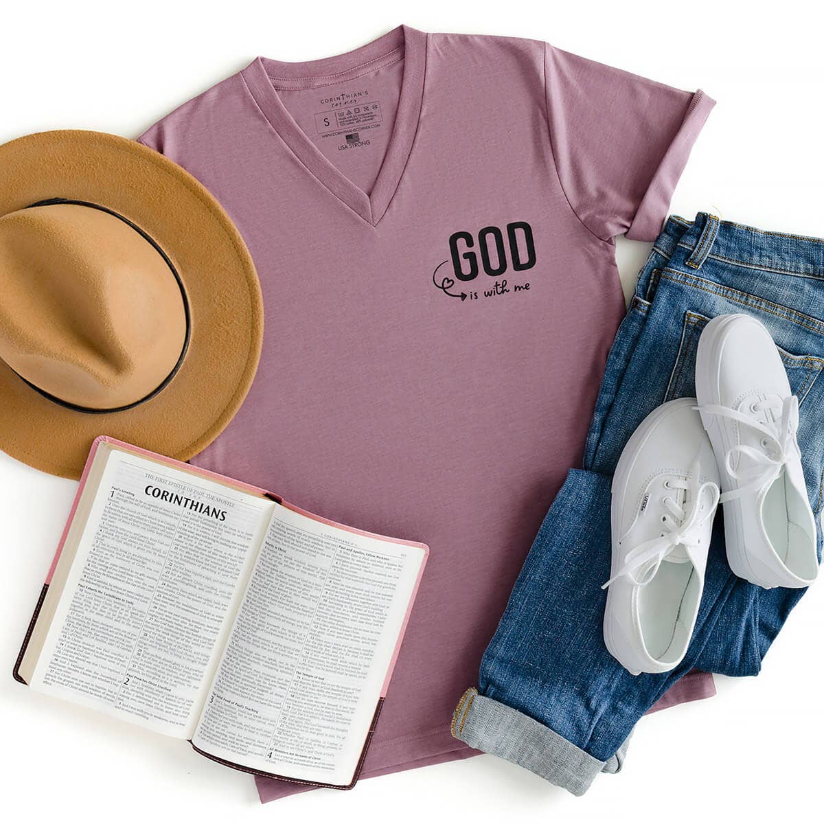God Is with Me Graphic Christian V-Neck