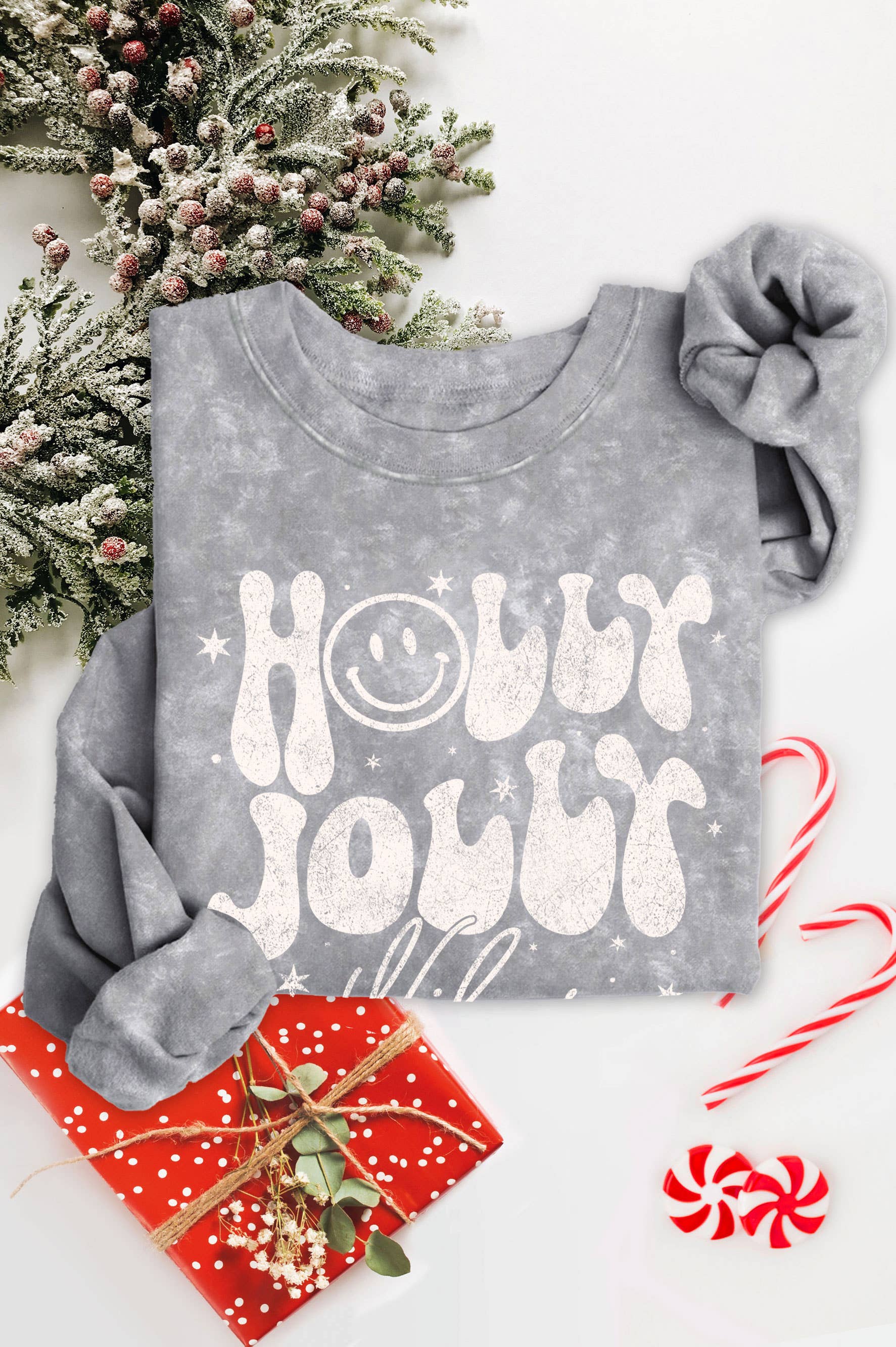 Holly Jolly Vibes Smile Mineral Graphic Brushed Sweatshirts