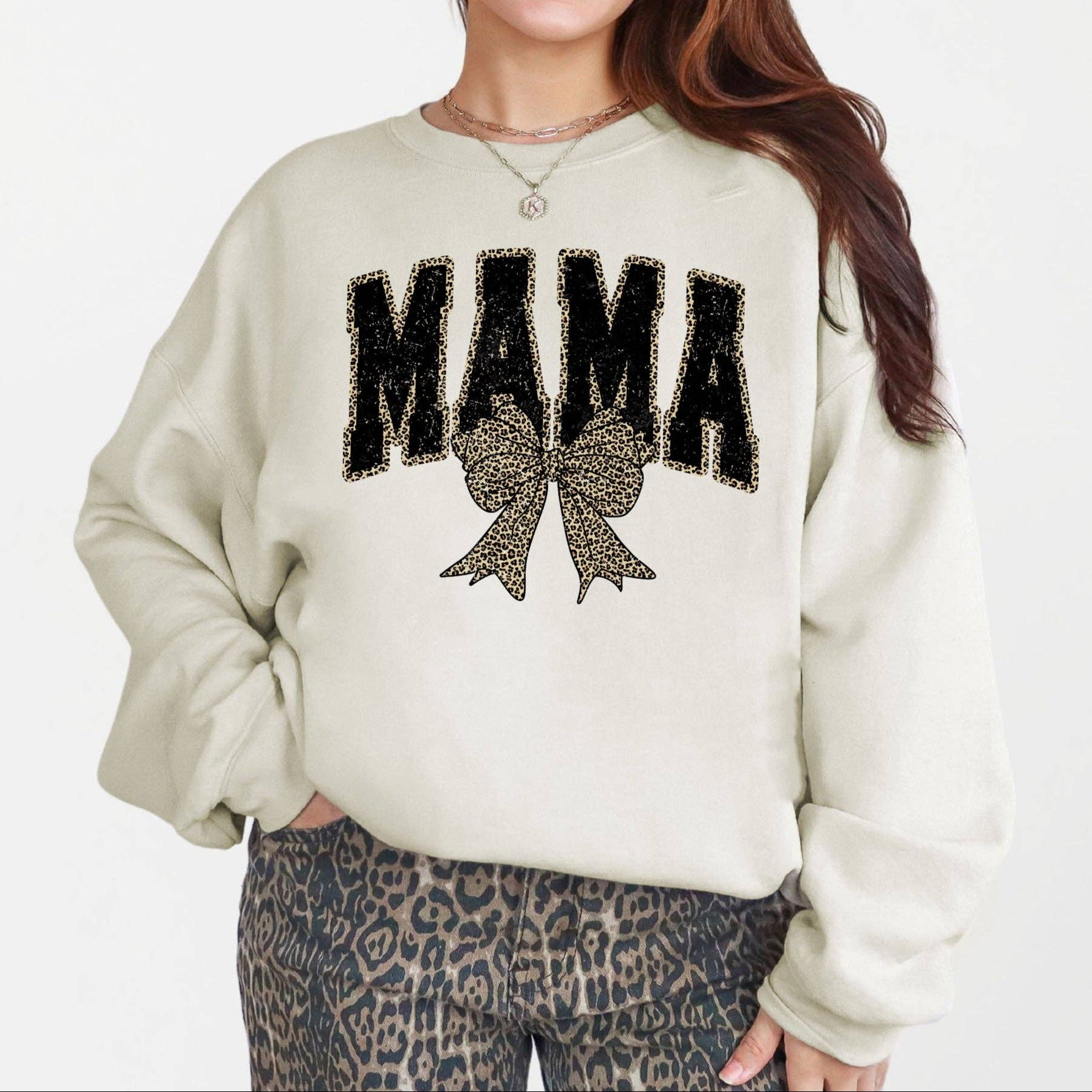 Mama, Black Leopard Print Bow Ribbon Mother's Day Sweatshirt