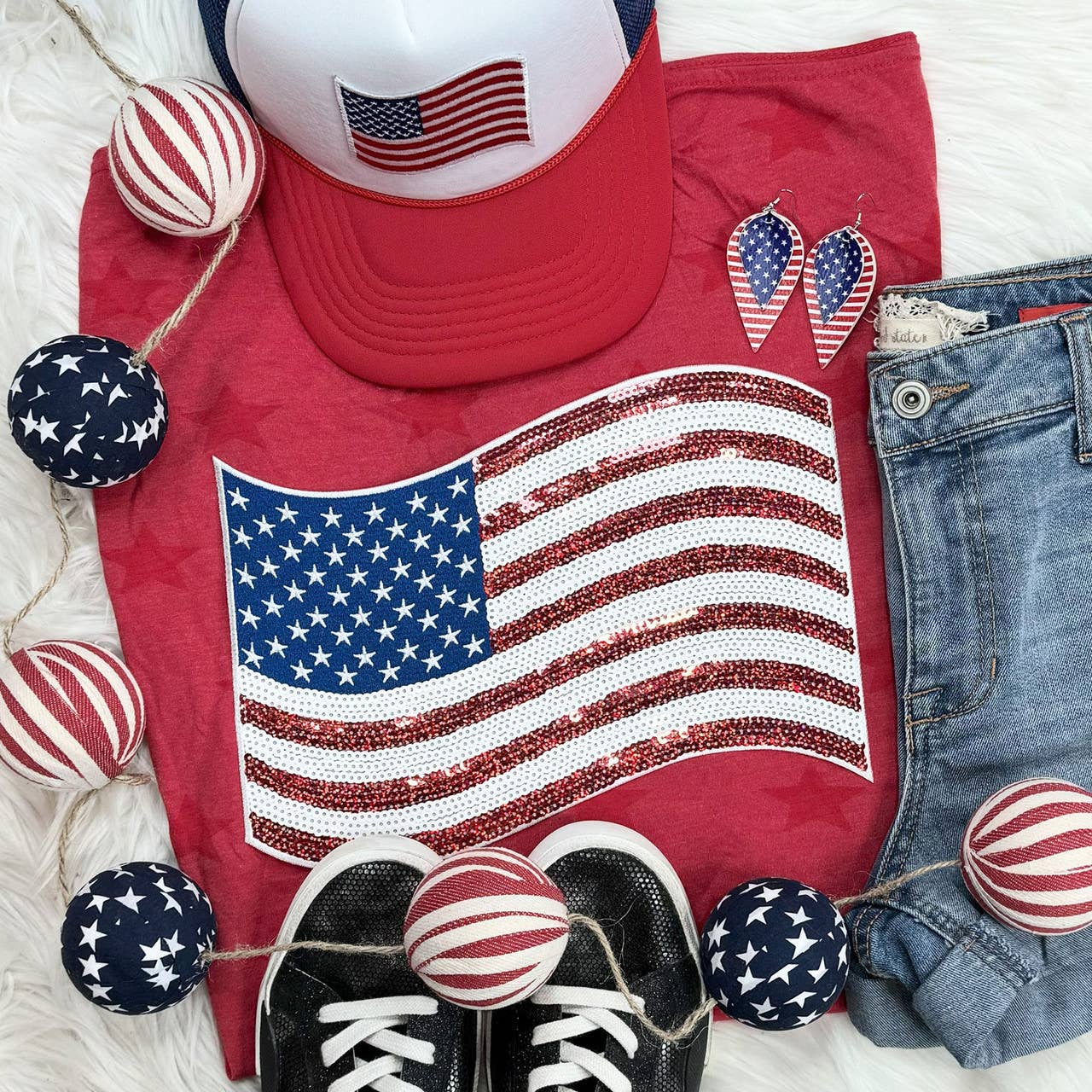 American Flag Sequin Patch Red Star Tee