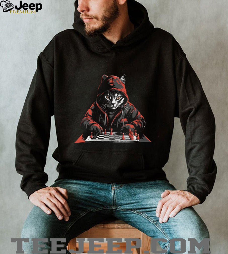 Cat Wearing Hoodie Playing Chess Strategic Board Game Tee