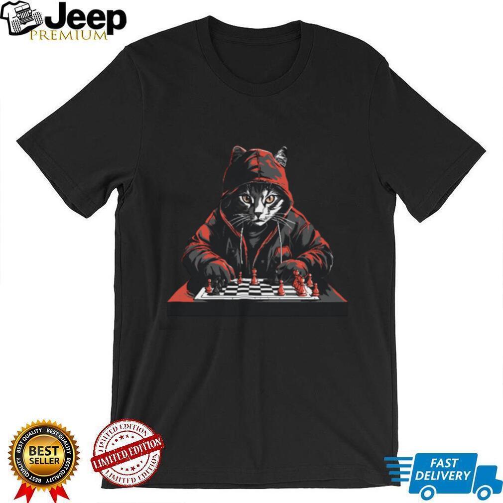 Cat Wearing Hoodie Playing Chess Strategic Board Game Tee