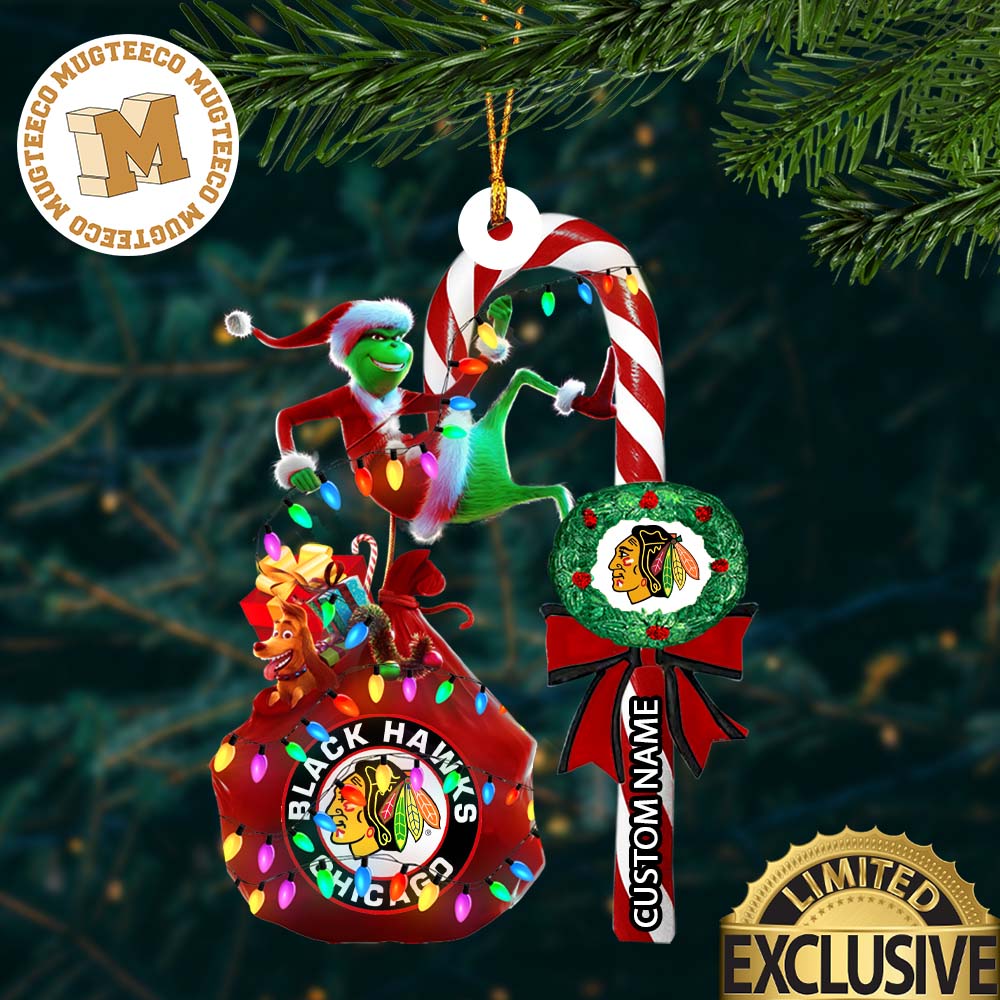 Chicago Blackhawks NHL Grinch Candy Cane Personalized Xmas Gifts Christmas Tree Decorations Ornament